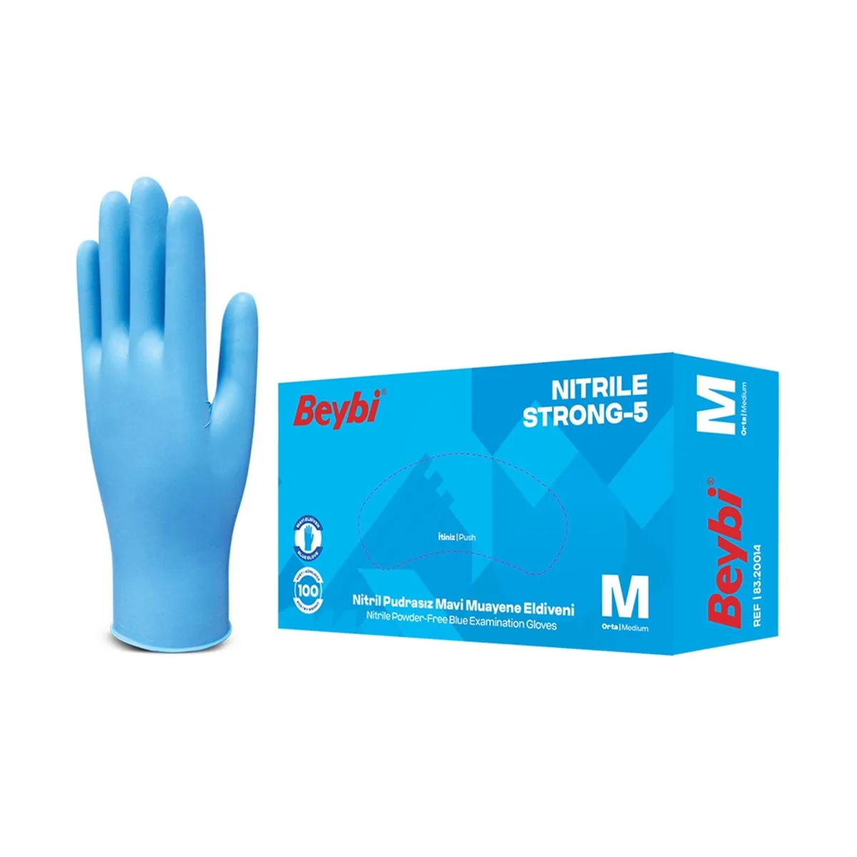 Beybi İş Eldiveni - Muayene Mavi Nitril Pudrasız Strong 5 (100lü PAKET)