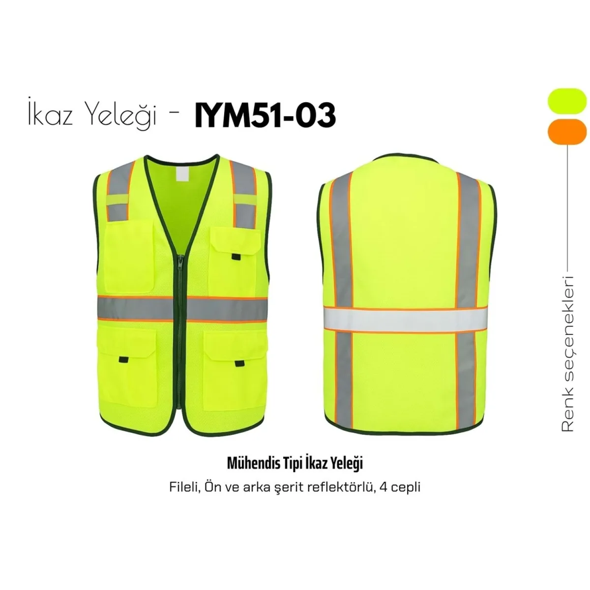 Mühendis Tipi İkaz Yeleği (Neon Sarı / Neon Turuncu)